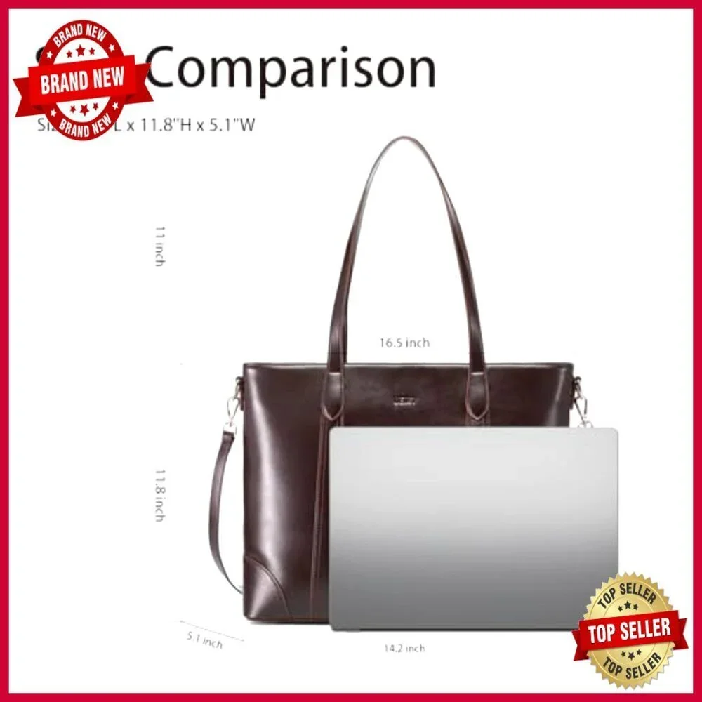 Large Leather Tote Bag with Multiple Pockets, Adjustable Strap, Vintage Style